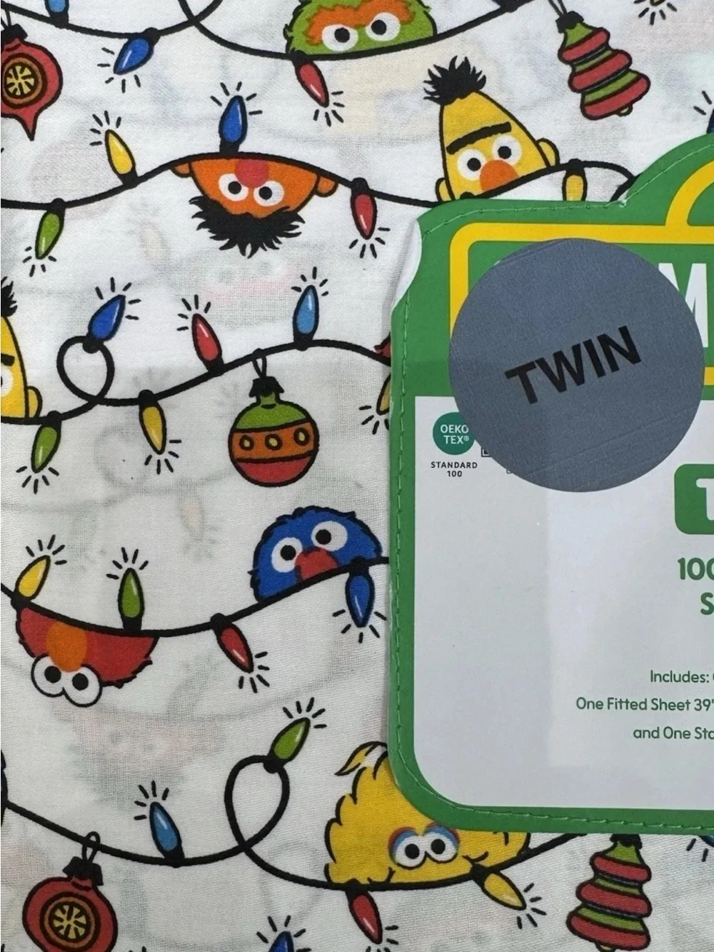Sesame Street Christmas Lights Twin Sheet Set — 100% Cotton Holiday Bedding